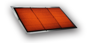 Ceramic tile gas burner glowing red, showing the infrared heat capability.