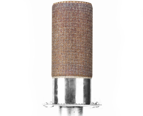 An un-lit view of the Fecralloy Metal Alloy Fibre pre-mix gas burner combined with stainless steel ring and flange for corrosion resistance.